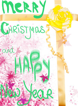 Merry Christmas and Happy New Year, handwritten text with yellow