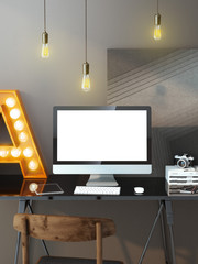 Modern workspace with computer and bulbs