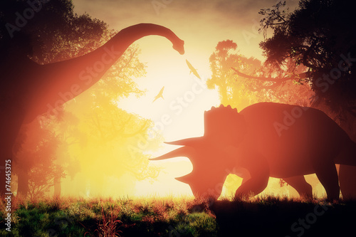 Fotografering Mysterious Magical Prehistoric Fantasy Scene Sunset Sunrise 3D