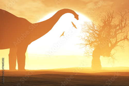 Fotografering Mysterious Magical Prehistoric Fantasy Scene Sunset Sunrise 3D