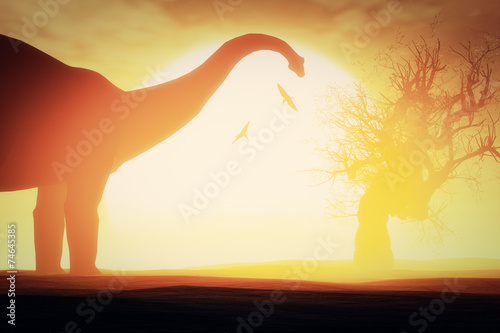 Mysterious Magical Prehistoric Fantasy Scene Sunset Sunrise 3D Billede på lærred