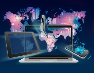 Fototapete - background world map with information icon over laptop, phone
