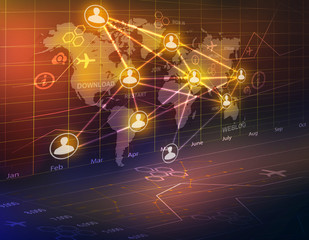 Fototapete - world map and icons of people united in a global network.
