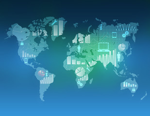 Fototapete - world map on an abstract background with icons inside.