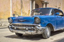 Classic American Blue Car In Old Havana, Cuba