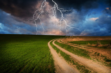 Wall Mural - thunderstorm with lightning in green meadow.