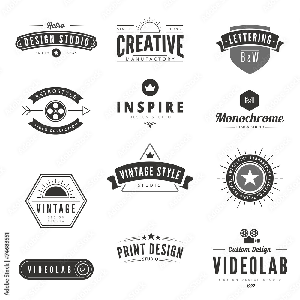 Vintage Retro Logos Labels vector. Typography Logo - obrazy, fototapety, plakaty 
