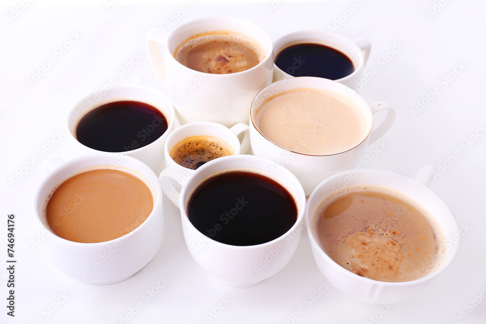 Lots of coffee cups on white background