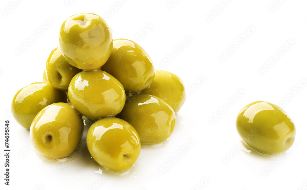 Heap of green olives isolated on white