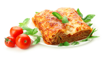 Canvas Print - Portion of tasty lasagna, isolated on white