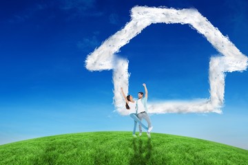 Aufkleber - Composite image of happy casual couple cheering together