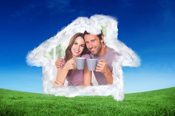 Aufkleber - Composite image of couple looking at the camera with a coffee