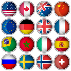 Poster - Set of glossy buttons or icons with flags popular countries