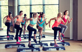 group of women working out with steppers in gym