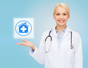 Poster - smiling doctor or nurse pointing to pills icon