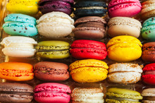 Colorful Macarons In Rows In A Box, More Than 20 Flavors