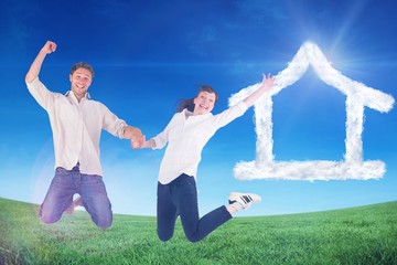 Aufkleber - Composite image of couple jumping and holding hands
