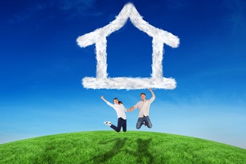 Aufkleber - Composite image of couple jumping and holding hands
