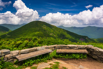 Benches and view of the Appalachians from Craggy Pinnacle, near