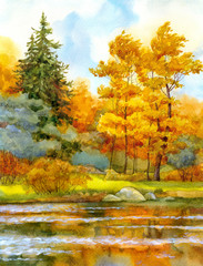 Autumnal forest on the lake