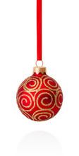 Red Decorations Christmas Ball Hanging On Ribbon Isolated On Whi