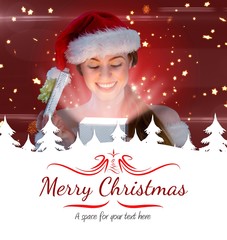 Poster - Composite image of sexy girl in santa costume opening a gift