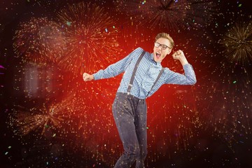 Aufkleber - Composite image of geeky hipster dancing to vinyl