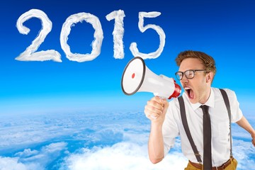Poster - Composite image of geeky businessman shouting through megaphone