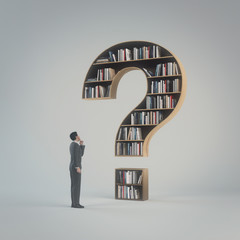 Man chooses and question mark with books