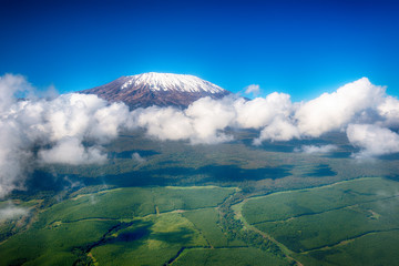 aerial image of mount kilimanjaro, africa's highest mountain, wi