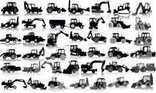 Set Of 41 Silhouettes Of A Tractors Of Road Service