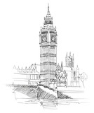 Fototapeta Big Ben - London Landmark. Landscape of London. Big Ben Tower. Vector Hand-drawn Sketch Illustration.