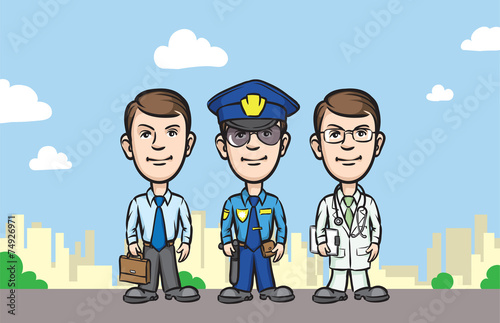 Fotografie, Obraz three cartoon professionals businessman policeman doctor