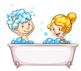 Wall Mural - A girl and a boy at the bathtub