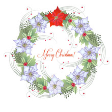 Background  With Christmas Wreath And Poinsettia