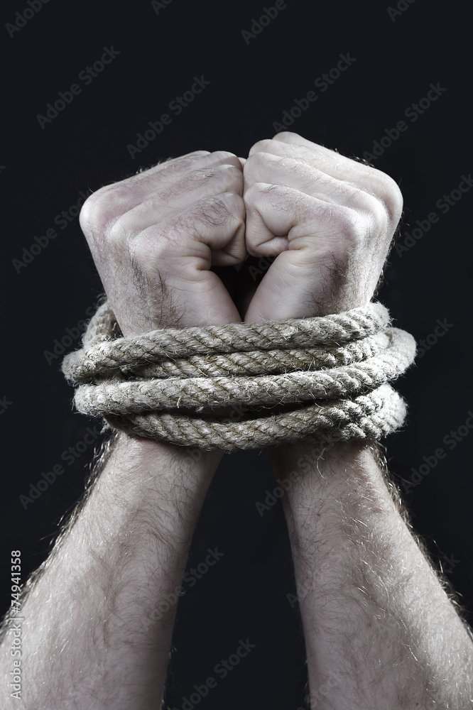white man hands wrapped rope around wrists victim abused concept Stock ...