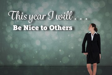 Poster - Composite image of young businesswoman standing with hand on hip