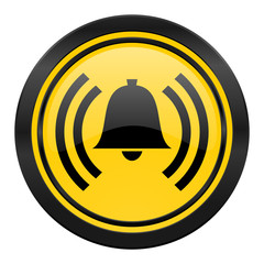 Poster - alarm icon, yellow logo, alert sign, bell symbol