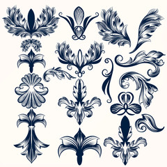 Wall Mural - Collection of vector hand drawn fleur de lis and swirls in vinta
