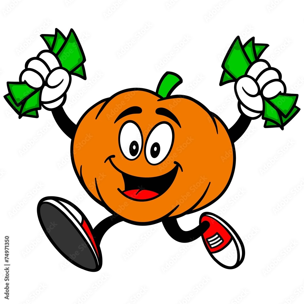 Pumpkin Mascot Running with Money Stock Vector | Adobe Stock