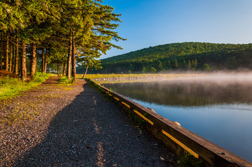 morning light and fog on spruce knob lake, monongahela national