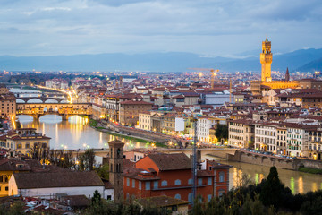 Poster - Florence at dusk, lights with buildings and skyline