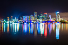 The Miami Skyline At Night, Seen From Watson Island, Miami, Flor