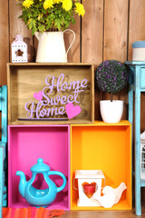 Wall Mural - Beautiful colorful shelves with different home related objects