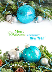 Turquoise and silver Christmas ornaments border