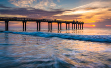 Waves On The Atlantic Ocean And Fishing Pier At Sunrise, St. Aug