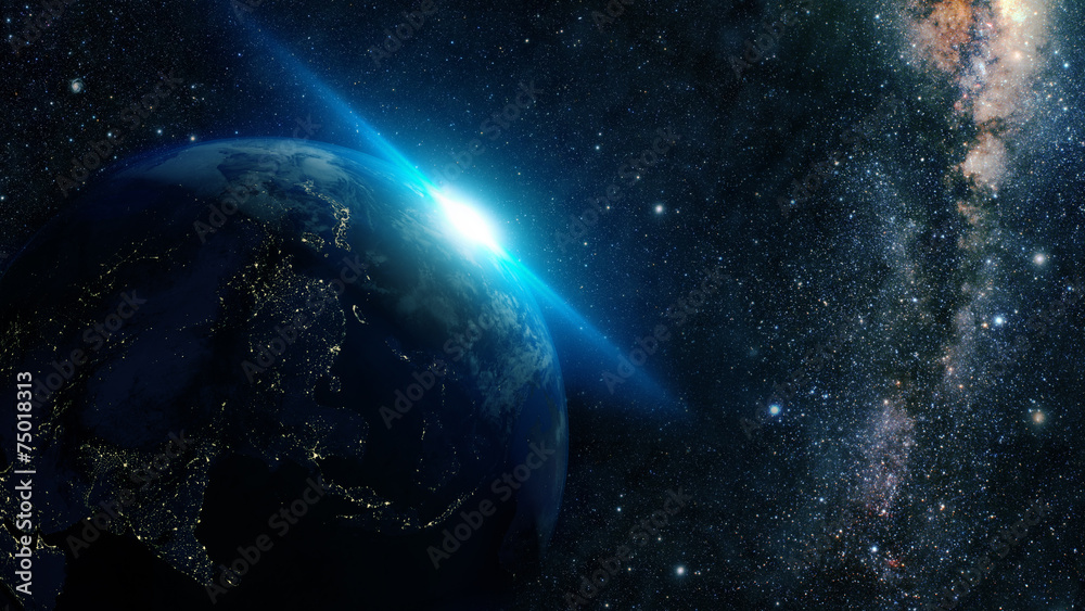 lue sunset, view of earth from space with milky way galaxy Stock ...