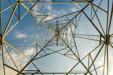 high voltage post.High-voltage tower sky background.