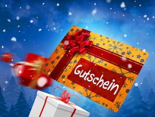 Poster - Composite image of flying gift card and presents