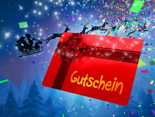 Poster - Composite image of santa flying his sleigh behind gift card